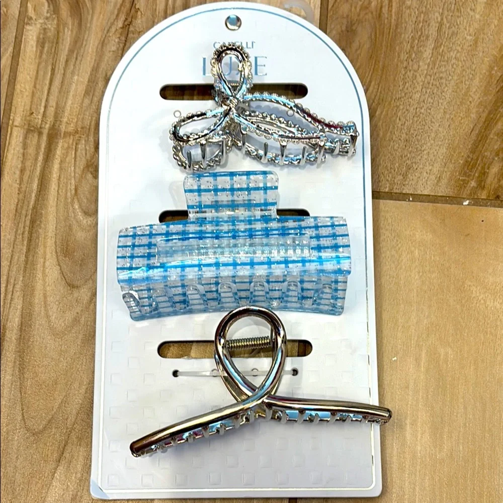 NWT Capelli of NY Luxe Silver bow and Blue gingham Hair Clip Set of 3
